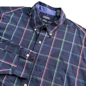 CHAPS Men's Shirt Sz‎ 2XLT Long Sleeve Blue Plaid Cotton Blend Button Up Stretch